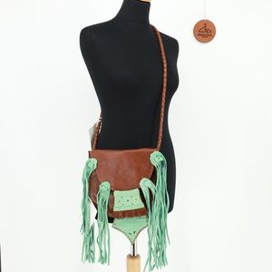 En Shalla Borsa Donna Leather Fringe Crossbody Bag Whipstitch‎ Boho Festival NWT